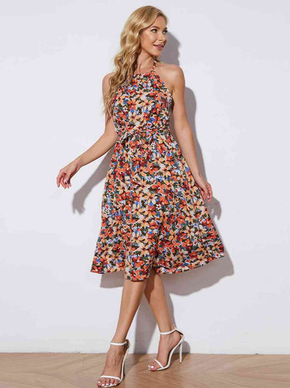 Floral Halter Neck Tie-Waist Backless Dress - Brinxx Couture