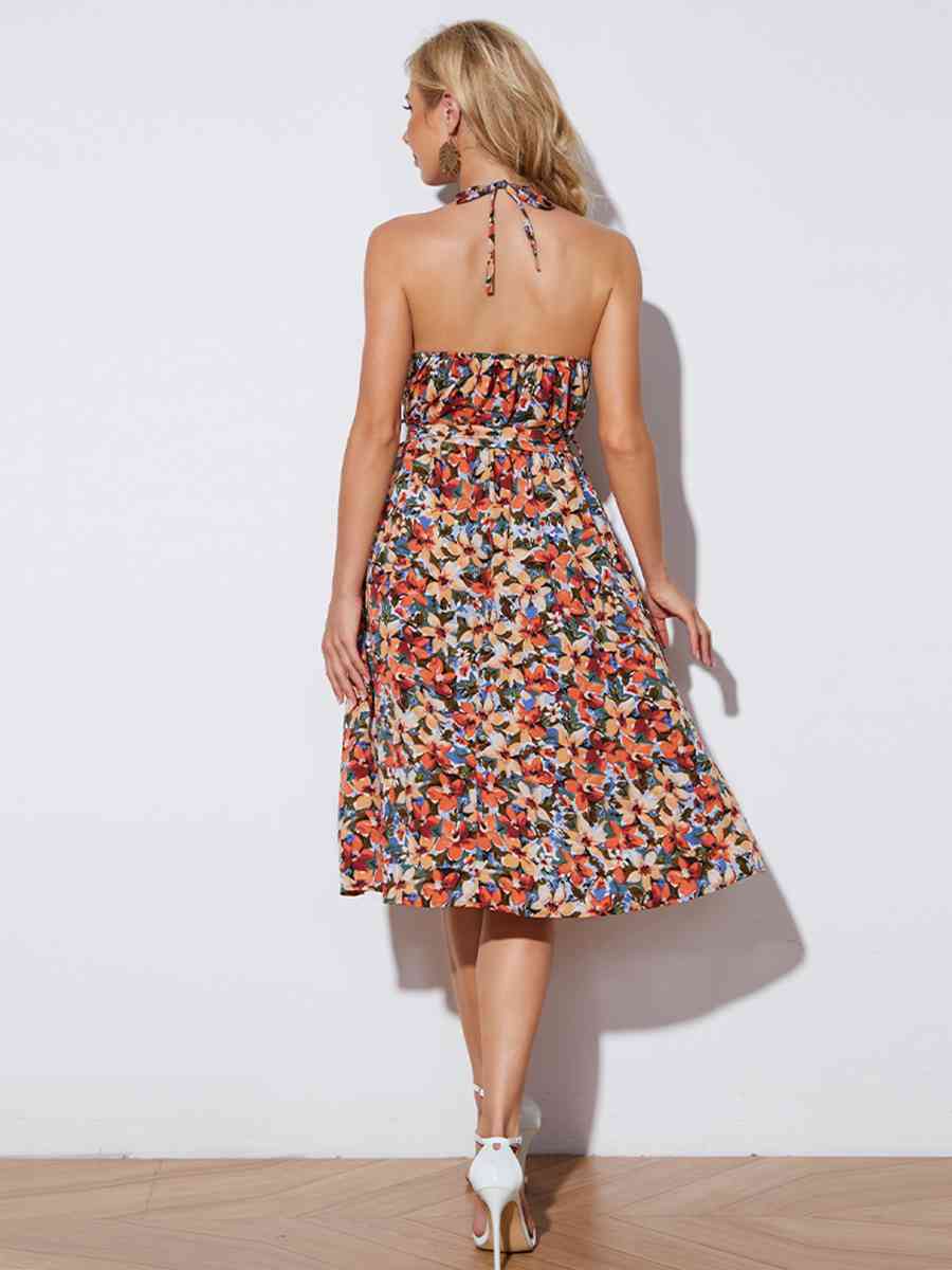 Floral Halter Neck Tie-Waist Backless Dress - Brinxx Couture