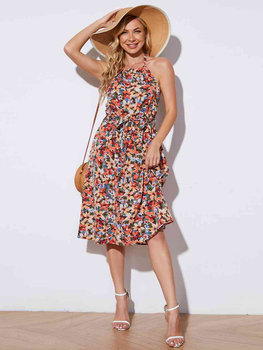 Floral Halter Neck Tie-Waist Backless Dress - Brinxx Couture