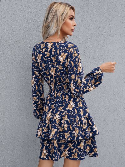 Floral Layered Surplice Balloon Sleeve Dress - Brinxx Couture