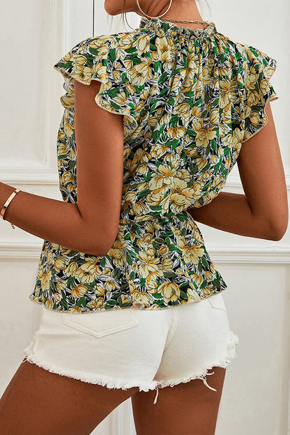 Floral Mock Neck Flutter Sleeve Peplum Top - Brinxx Couture