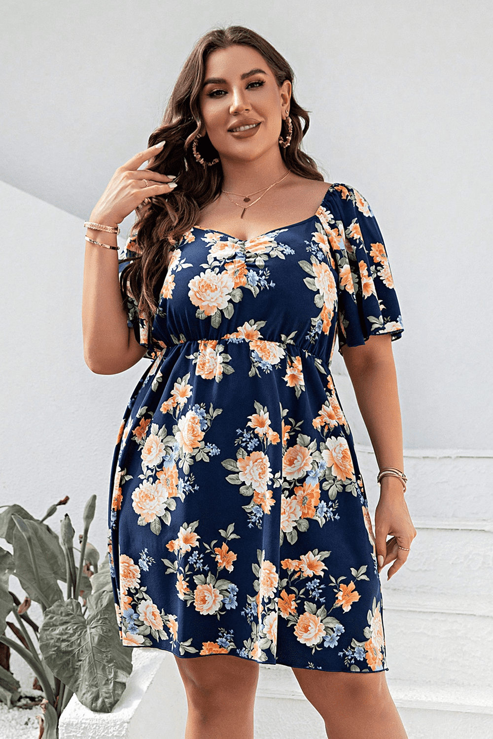 Floral Print V-Neck Flutter Sleeve Mini Dress - Brinxx Couture