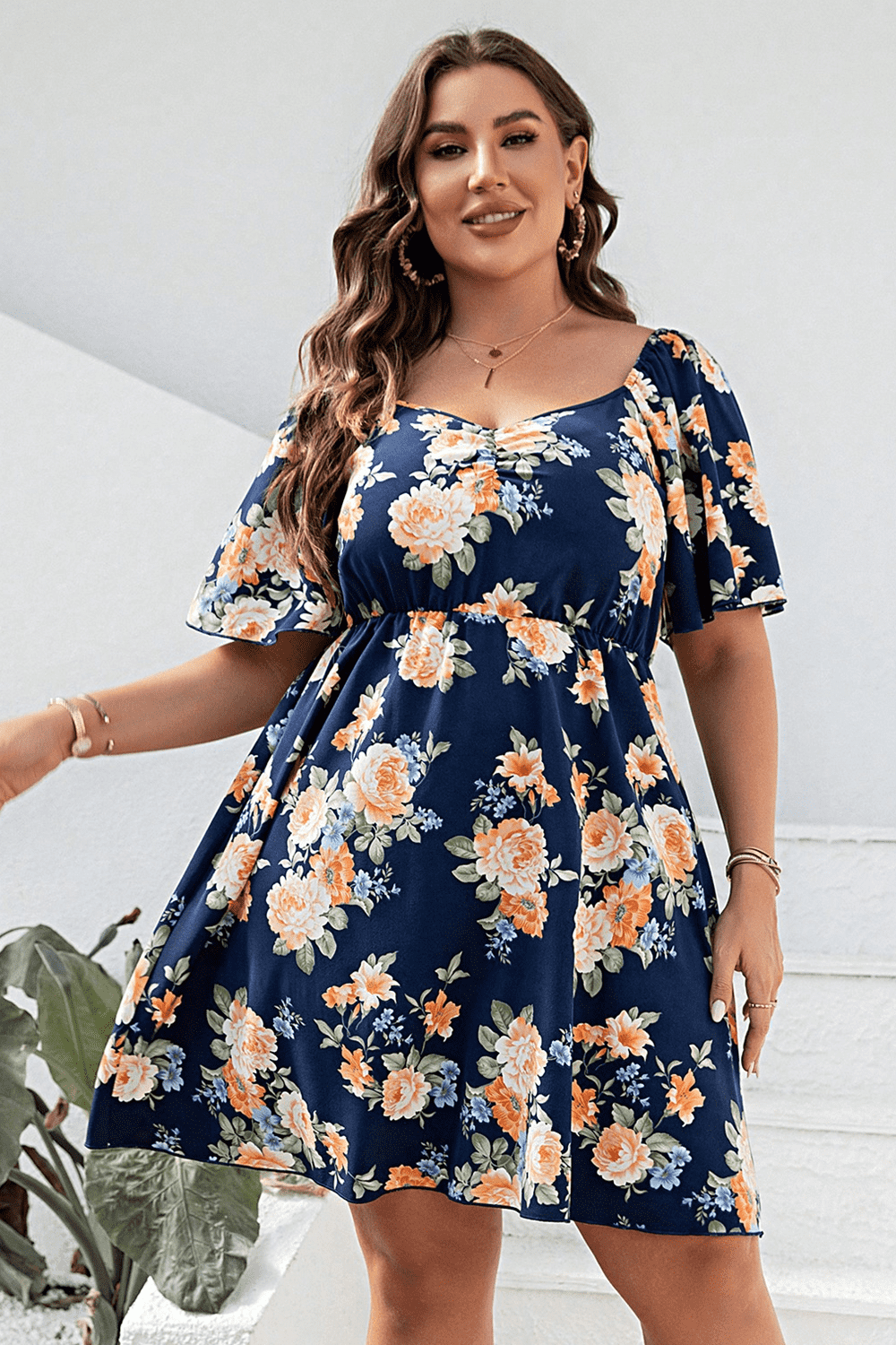 Floral Print V-Neck Flutter Sleeve Mini Dress - Brinxx Couture