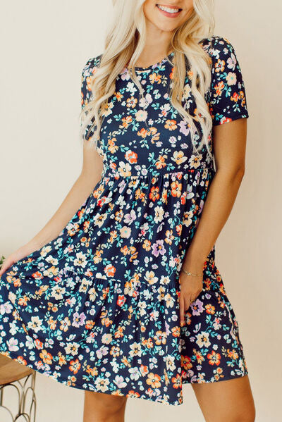 Floral Round Neck Short Sleeve Mini Dress - Brinxx Couture