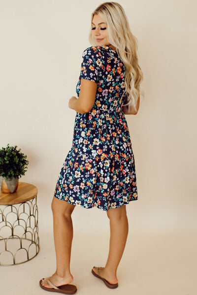 Floral Round Neck Short Sleeve Mini Dress - Brinxx Couture