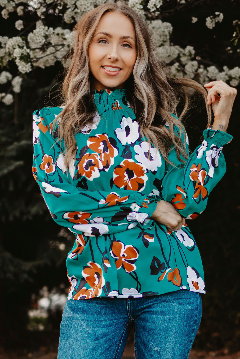 Floral Smocked Mock Neck Flounce Sleeve Blouse - Brinxx Couture