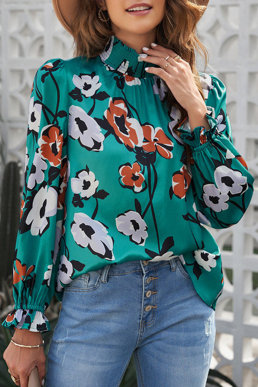 Floral Smocked Mock Neck Flounce Sleeve Blouse - Brinxx Couture