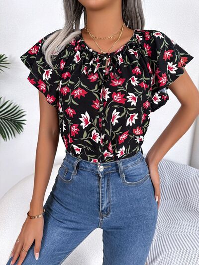 Floral Tie Neck Flutter Sleeve Blouse - Brinxx Couture