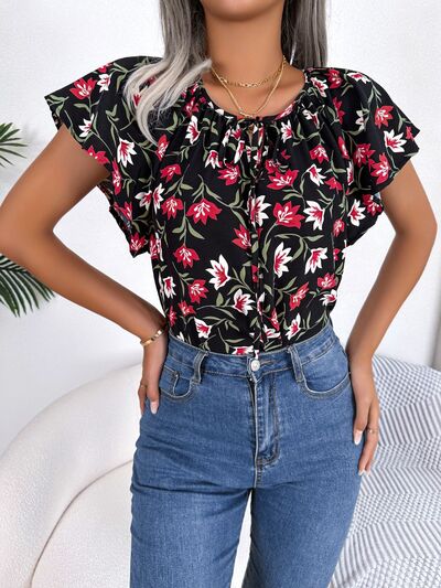 Floral Tie Neck Flutter Sleeve Blouse - Brinxx Couture