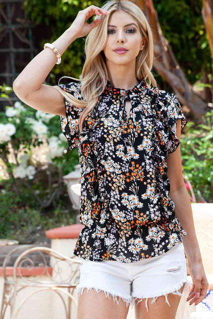 Floral Tie Neck Flutter Sleeve Blouse - Brinxx Couture