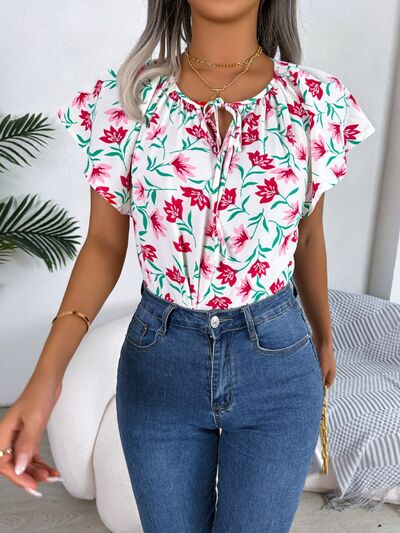 Floral Tie Neck Flutter Sleeve Blouse - Brinxx Couture