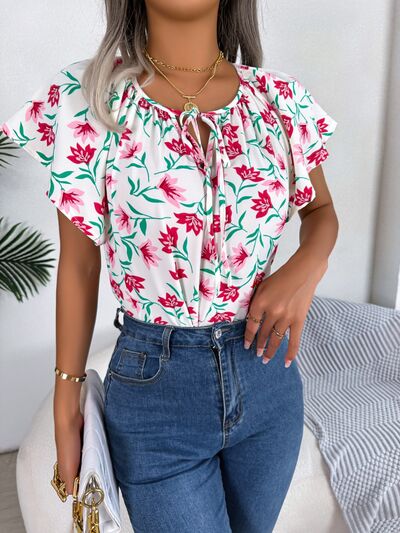 Floral Tie Neck Flutter Sleeve Blouse - Brinxx Couture