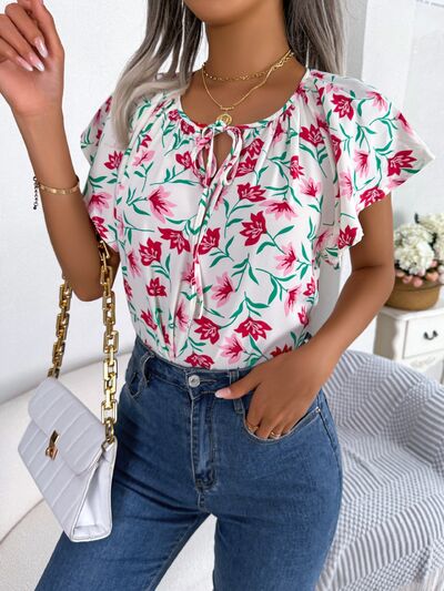 Floral Tie Neck Flutter Sleeve Blouse - Brinxx Couture