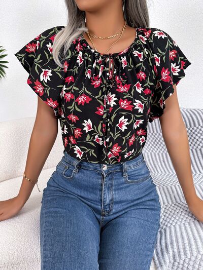 Floral Tie Neck Flutter Sleeve Blouse - Brinxx Couture