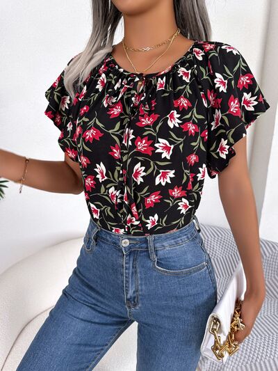 Floral Tie Neck Flutter Sleeve Blouse - Brinxx Couture