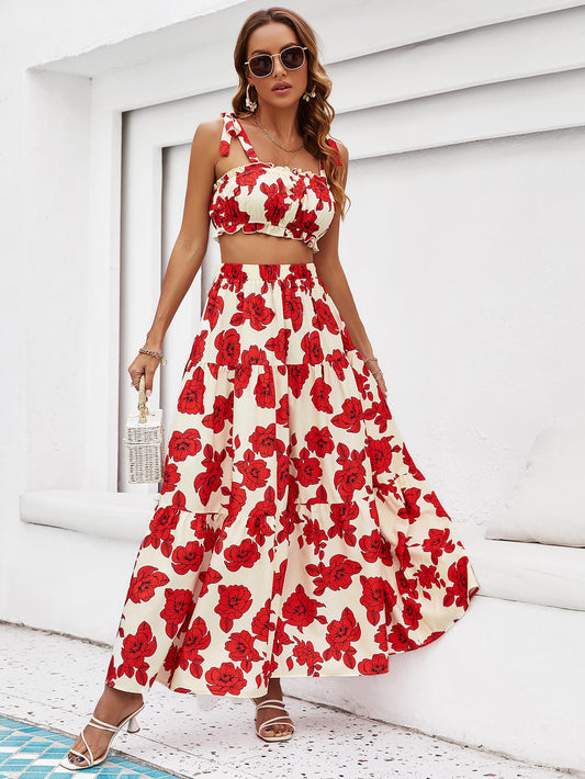 Floral Tie Shoulder Top and Tiered Maxi Skirt Set - Brinxx Couture