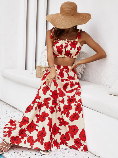 Floral Tie Shoulder Top and Tiered Maxi Skirt Set - Brinxx Couture