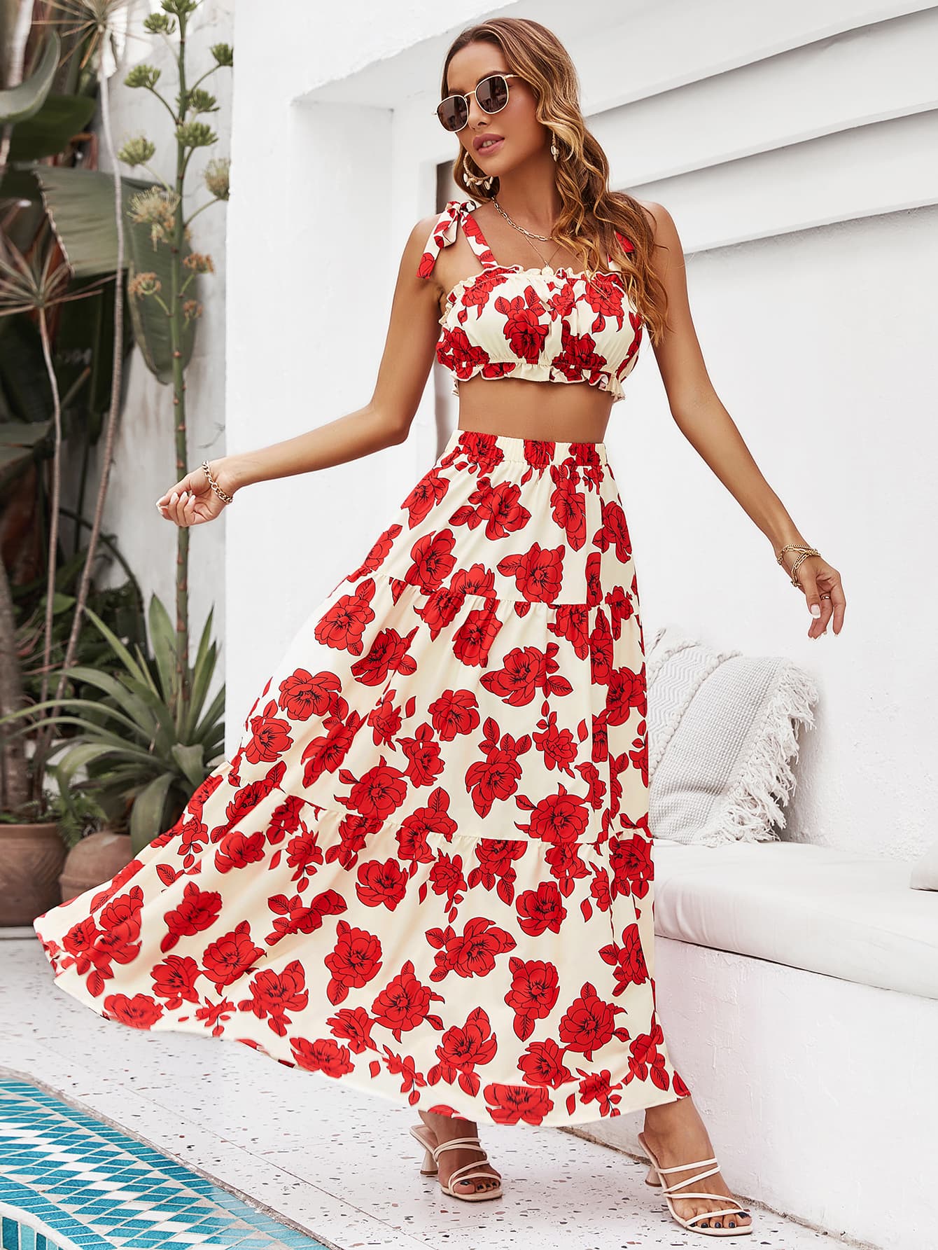 Floral Tie Shoulder Top and Tiered Maxi Skirt Set - Brinxx Couture