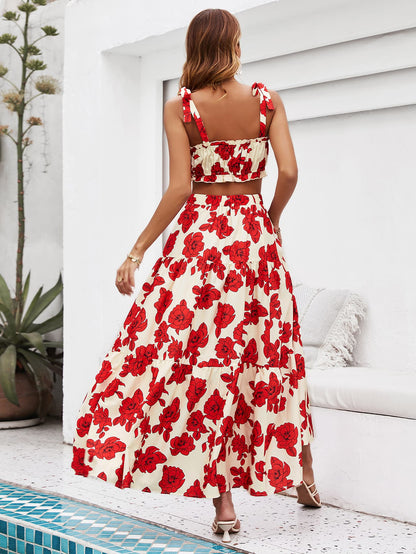 Floral Tie Shoulder Top and Tiered Maxi Skirt Set - Brinxx Couture