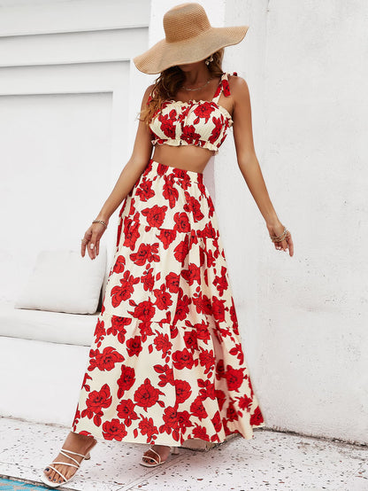 Floral Tie Shoulder Top and Tiered Maxi Skirt Set - Brinxx Couture