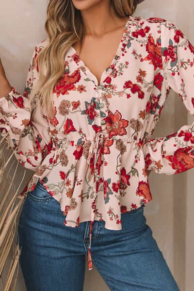 Floral V-Neck Drawstring Peplum Blouse - Brinxx Couture