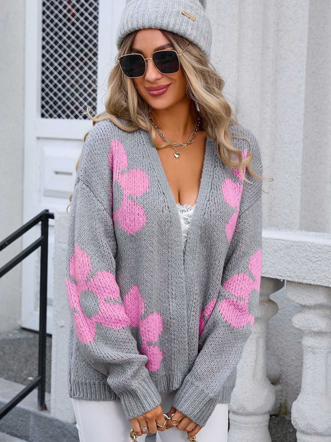 Flower Open Front Long Sleeve Cardigan - Brinxx Couture