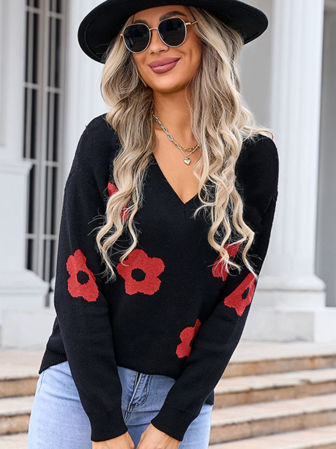 Flower V-Neck Long Sleeve Sweater - Brinxx Couture