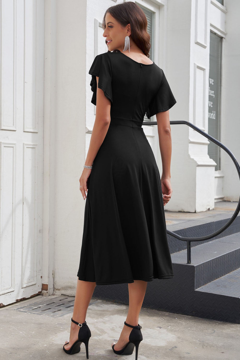 Flutter Sleeve Surplice Midi Dress - Brinxx Couture