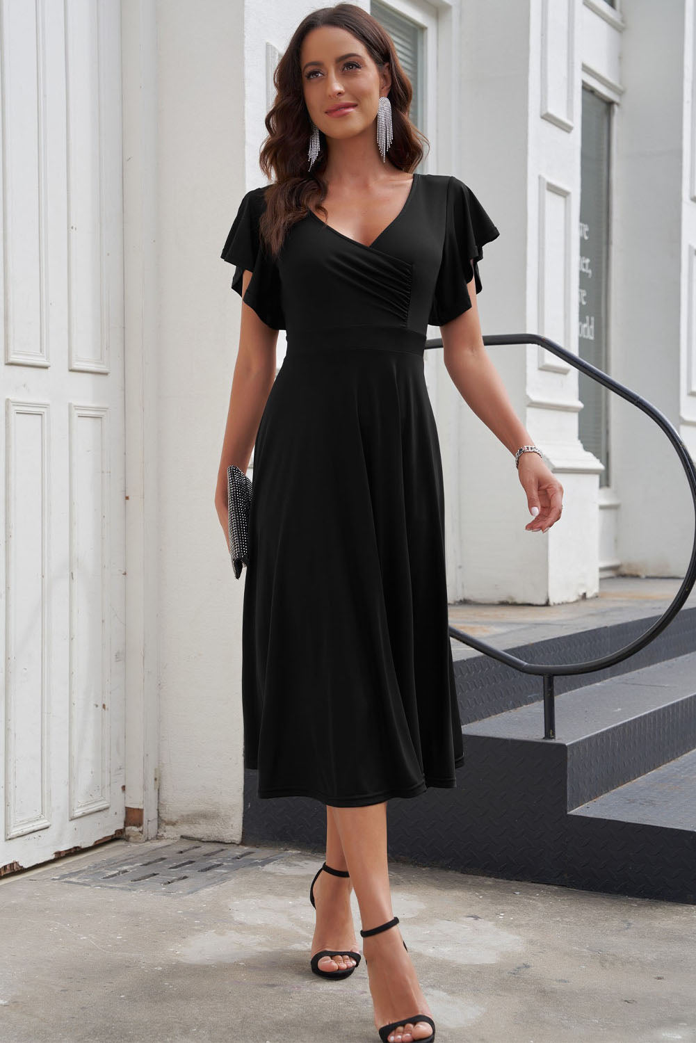 Flutter Sleeve Surplice Midi Dress - Brinxx Couture