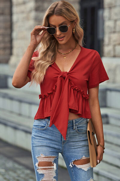 Frill Ruched V-Neck Short Sleeve T-Shirt - Brinxx Couture