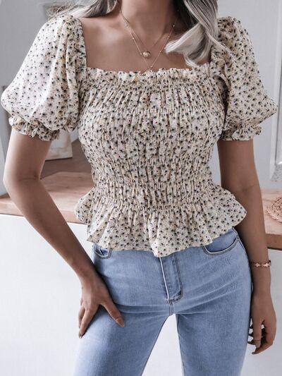 Frill Smocked Square Neck Short Sleeve Blouse - Brinxx Couture