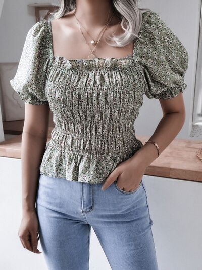 Frill Smocked Square Neck Short Sleeve Blouse - Brinxx Couture