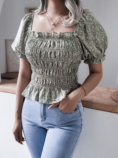 Frill Smocked Square Neck Short Sleeve Blouse - Brinxx Couture