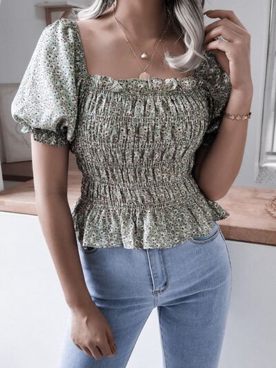 Frill Smocked Square Neck Short Sleeve Blouse - Brinxx Couture