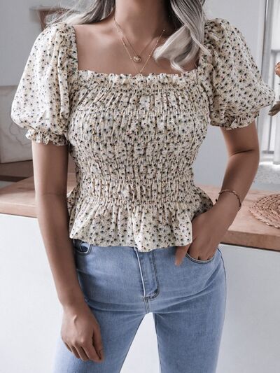 Frill Smocked Square Neck Short Sleeve Blouse - Brinxx Couture