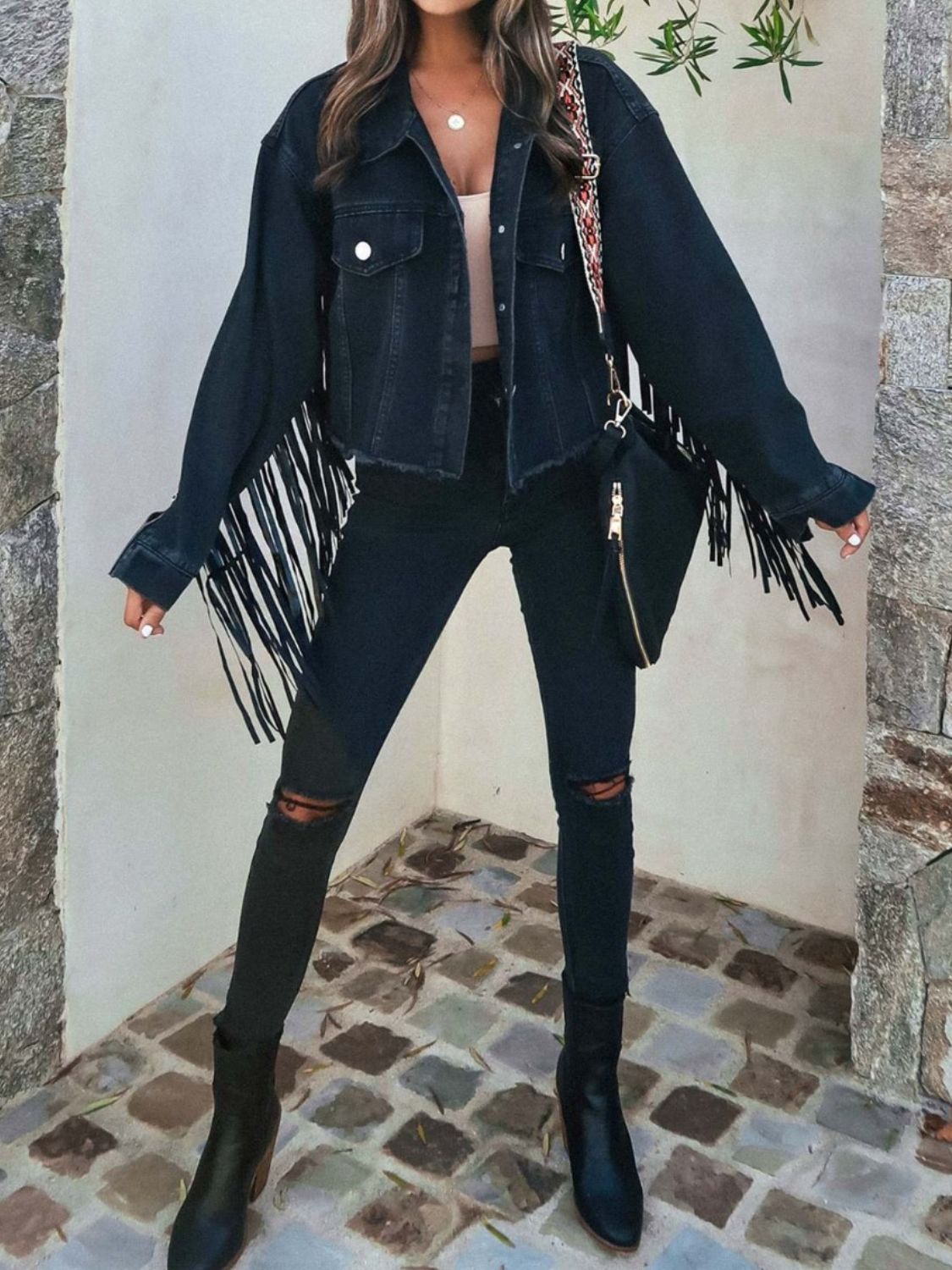 Fringe Button Up Long Sleeve Denim Jacket - Brinxx Couture