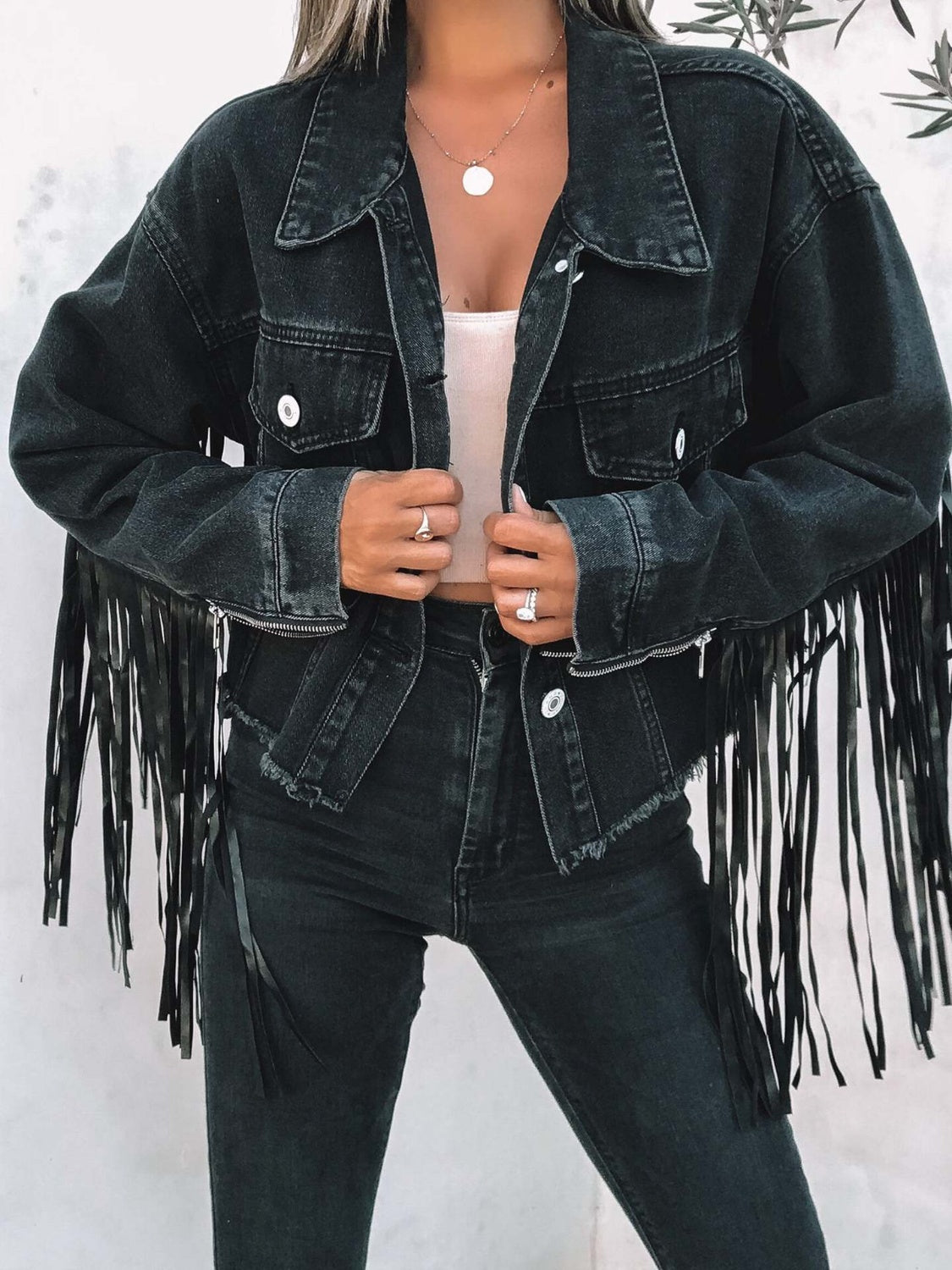 Fringe Button Up Long Sleeve Denim Jacket - Brinxx Couture