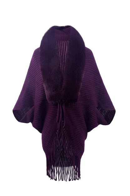 Fringe Detail Long Sleeve Ribbed Poncho - Brinxx Couture