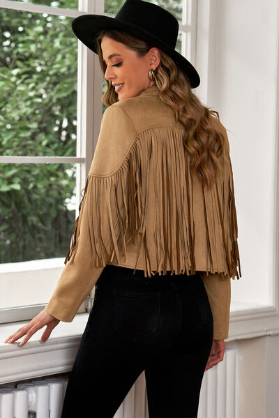 Fringe Trim Lapel Collar Cropped Blazer - Brinxx Couture