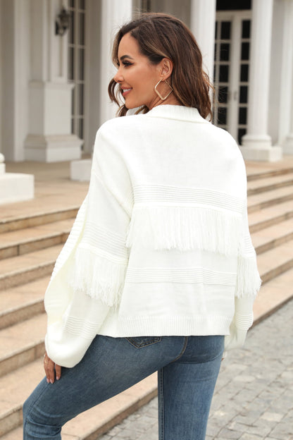 Fringe Trim Open Front Cardigan - Brinxx Couture