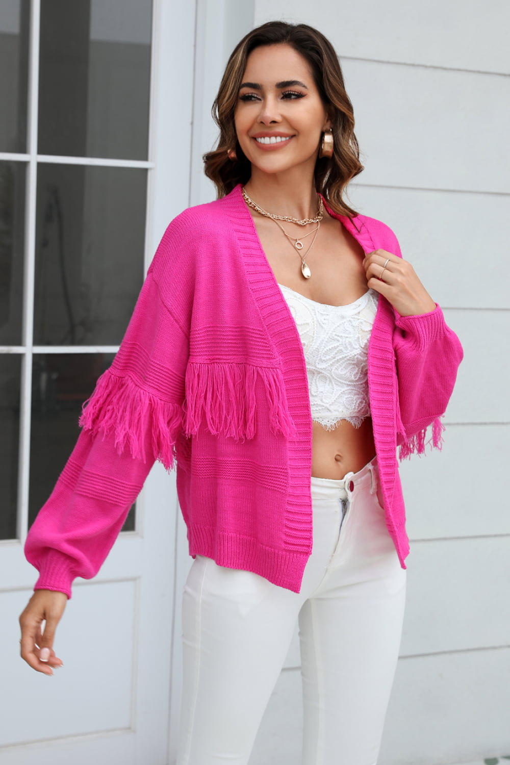 Fringe Trim Open Front Cardigan - Brinxx Couture