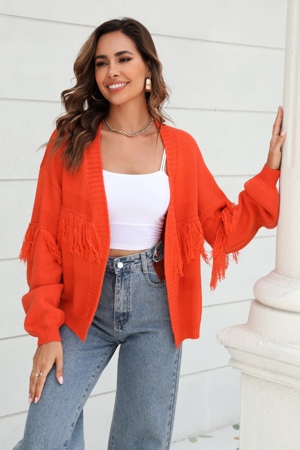 Fringe Trim Open Front Cardigan - Brinxx Couture