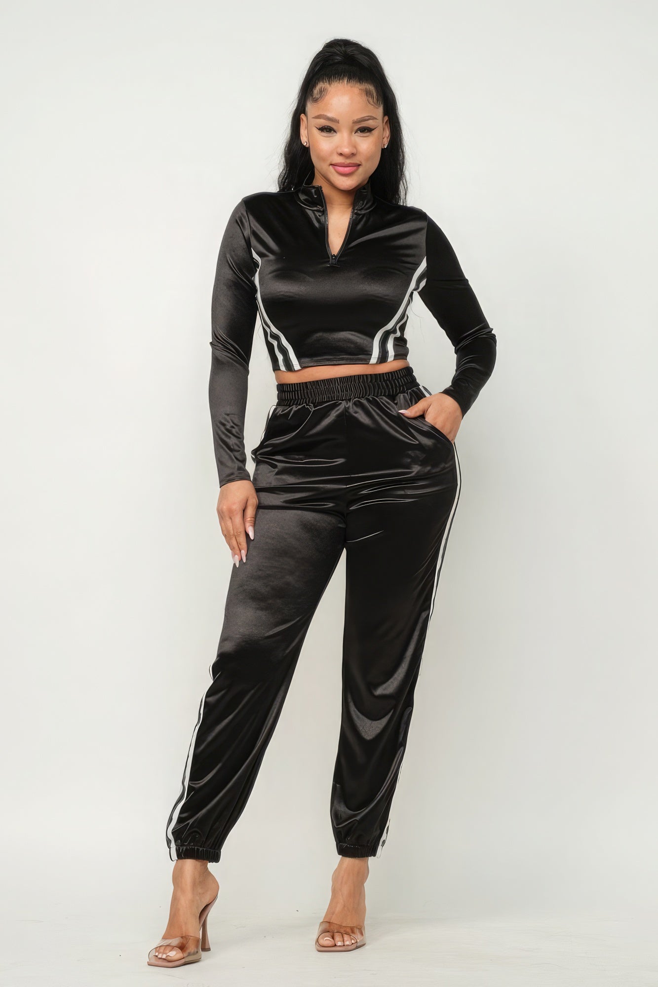 Front Zip Up Stripes Detail Jacket And Pants Set - Brinxx Couture