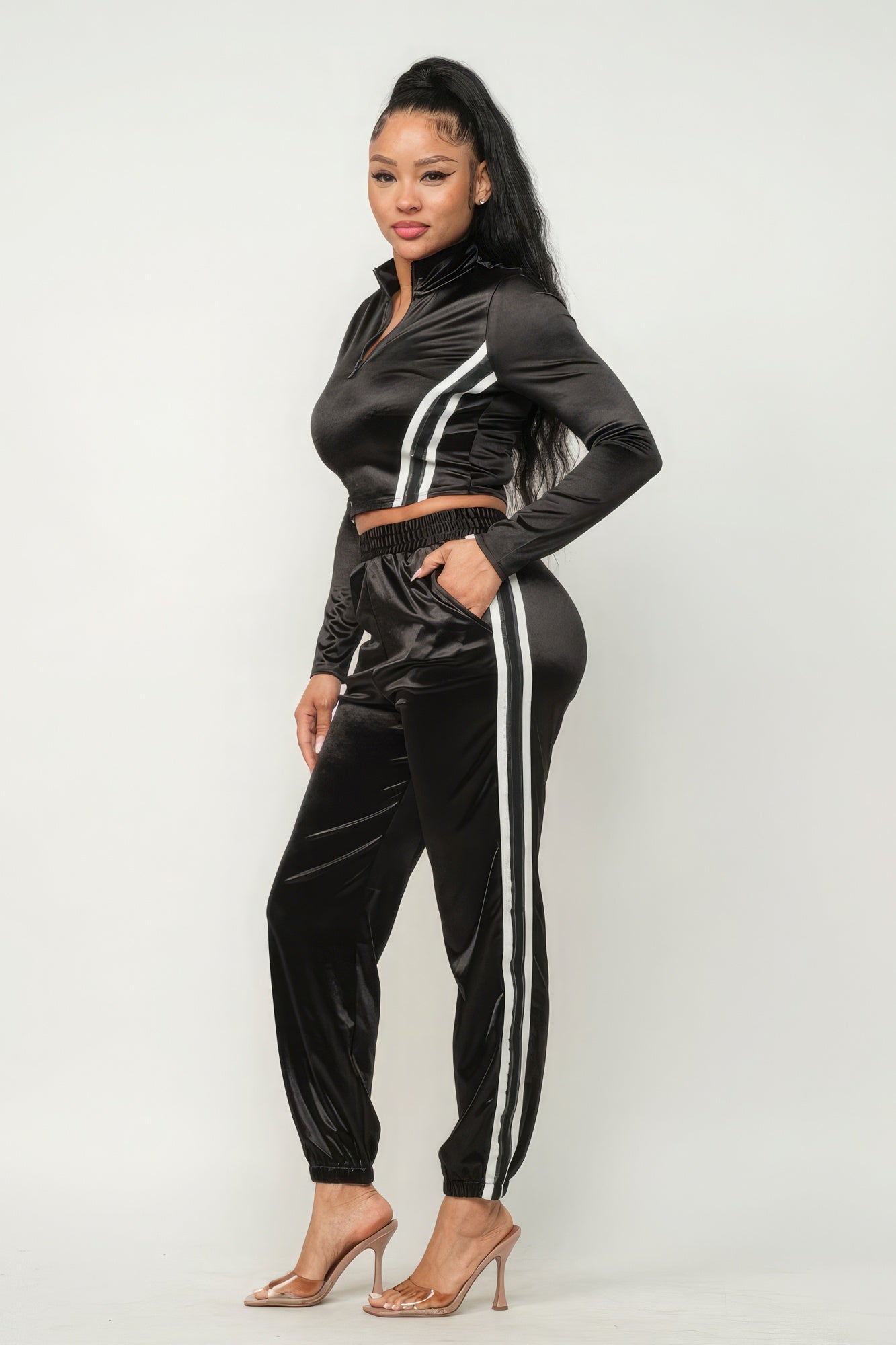 Front Zip Up Stripes Detail Jacket And Pants Set - Brinxx Couture