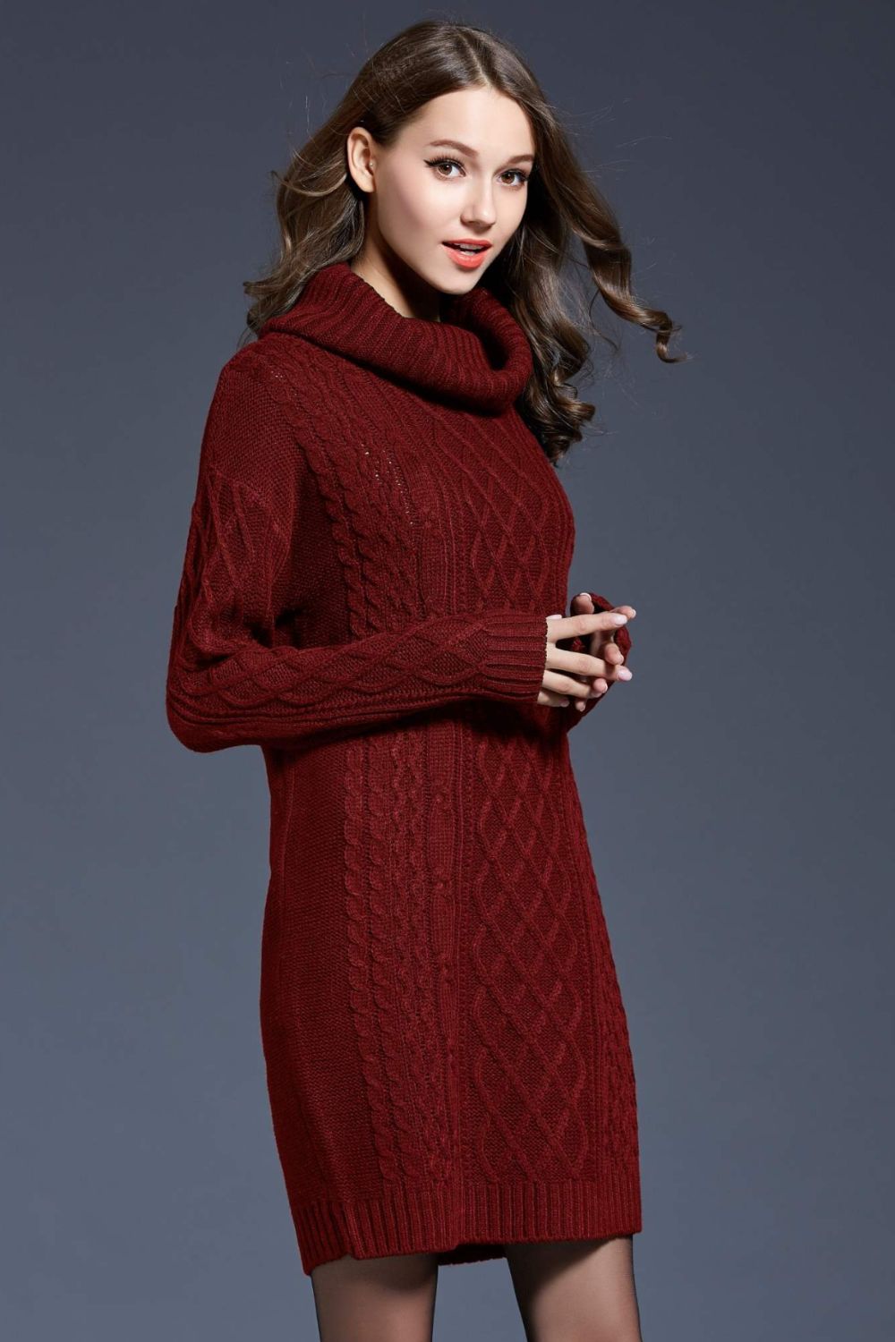 Full Size Mixed Knit Cowl Neck Dropped Shoulder Sweater Dress - Brinxx Couture