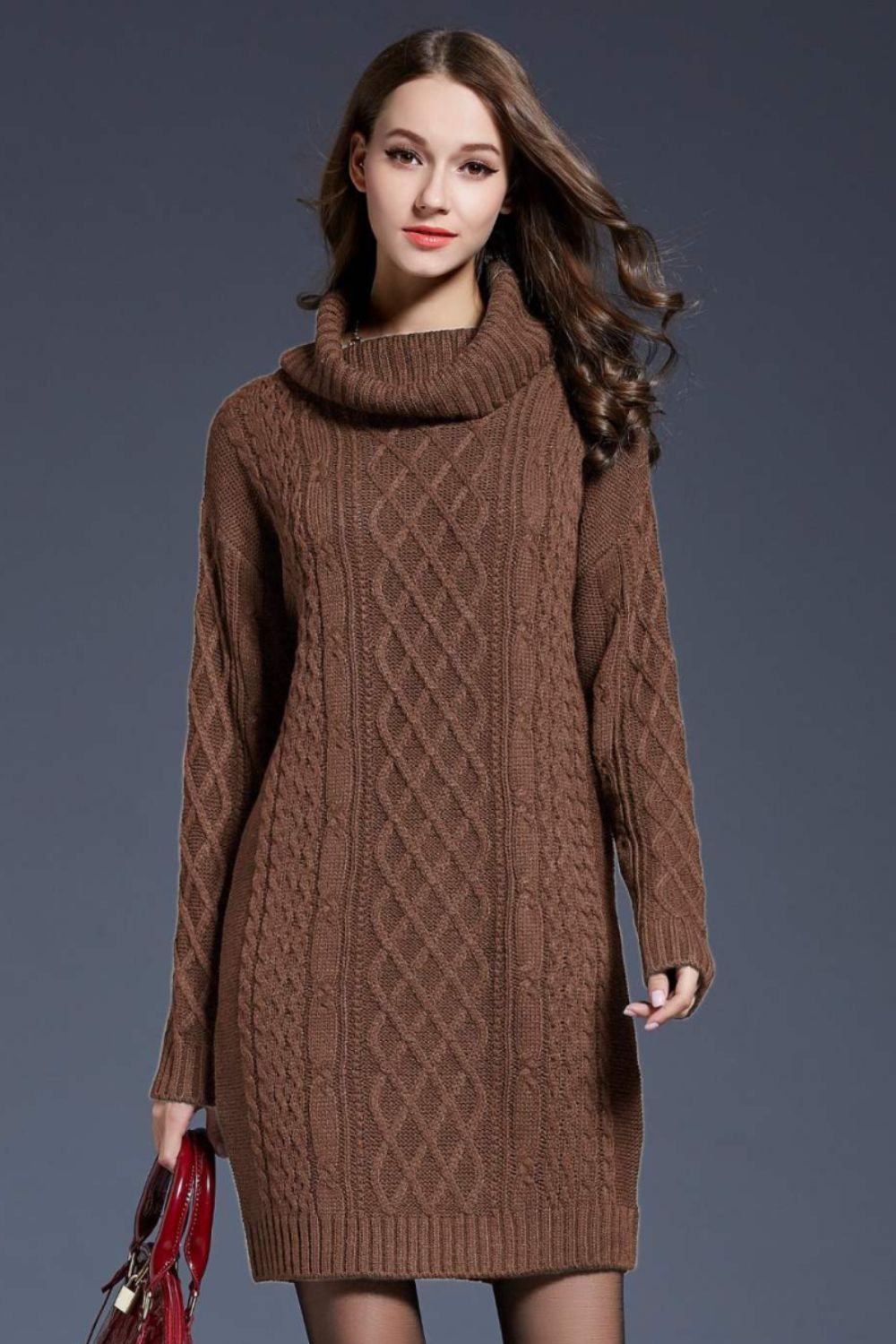 Full Size Mixed Knit Cowl Neck Dropped Shoulder Sweater Dress - Brinxx Couture