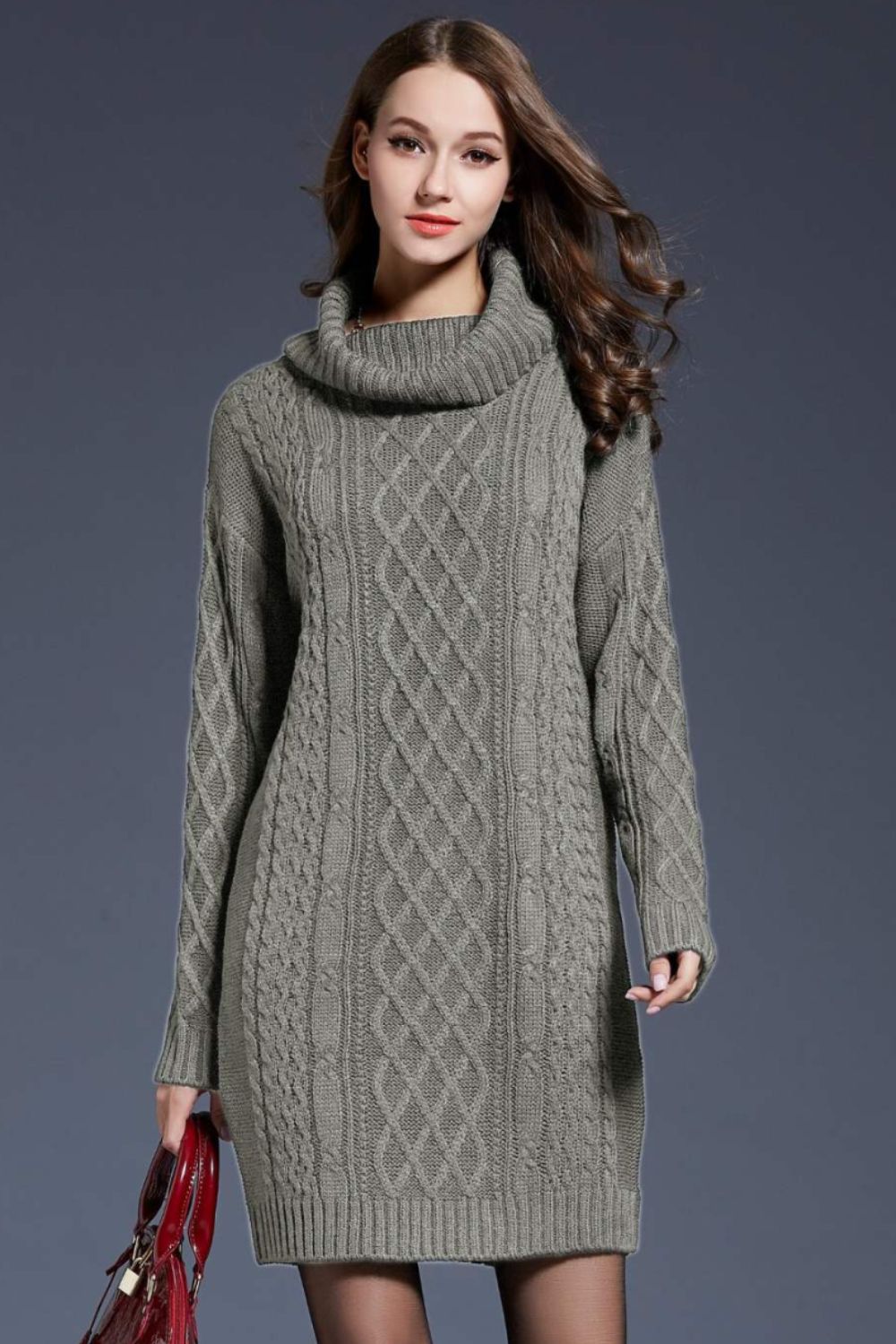 Full Size Mixed Knit Cowl Neck Dropped Shoulder Sweater Dress - Brinxx Couture