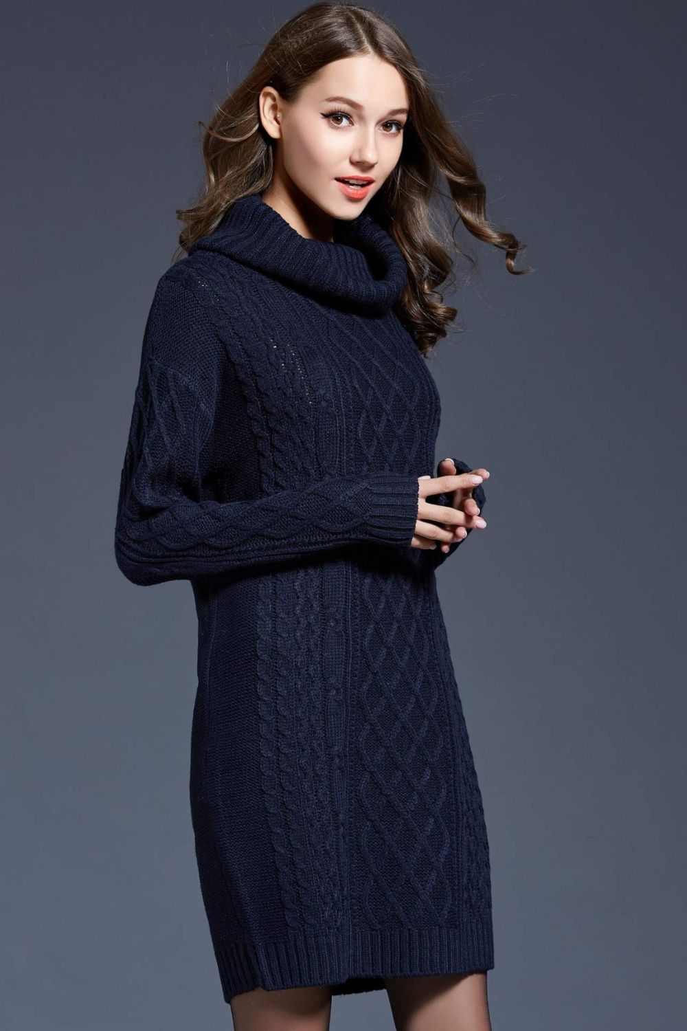 Full Size Mixed Knit Cowl Neck Dropped Shoulder Sweater Dress - Brinxx Couture