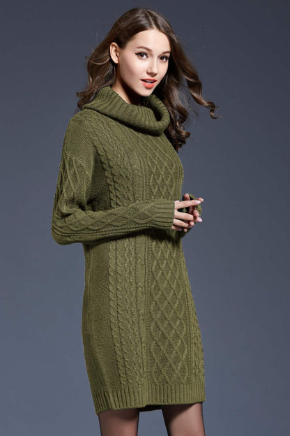 Full Size Mixed Knit Cowl Neck Dropped Shoulder Sweater Dress - Brinxx Couture