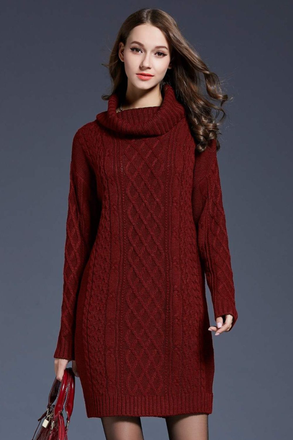 Full Size Mixed Knit Cowl Neck Dropped Shoulder Sweater Dress - Brinxx Couture